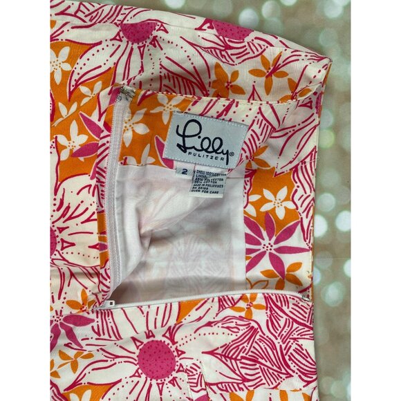 Lilly Pulitzer Size 2 White Label Floral Skirt Orange Pink Zip Back - Picture 4 of 7
